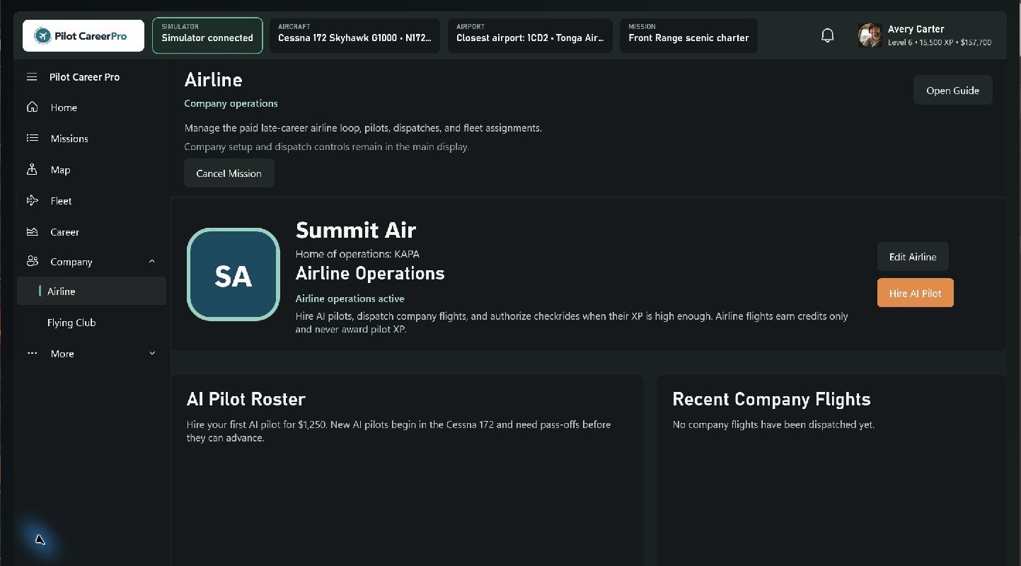 Pilot Career Pro Airline view for Summit Air with AI pilot and company flight panels.