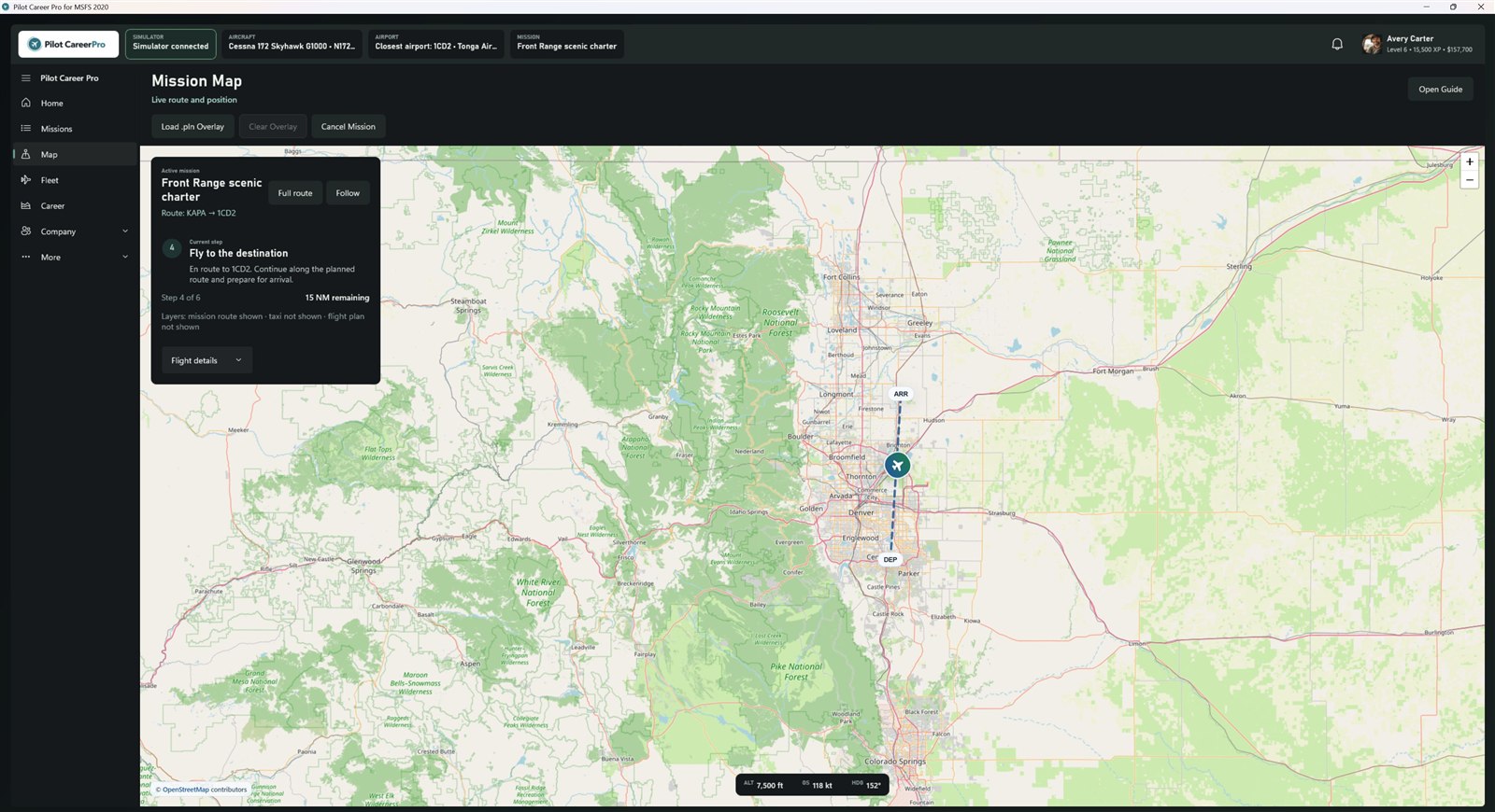 Pilot Career Pro for MSFS 2020 showing the same live mission map workflow in its separate desktop app.