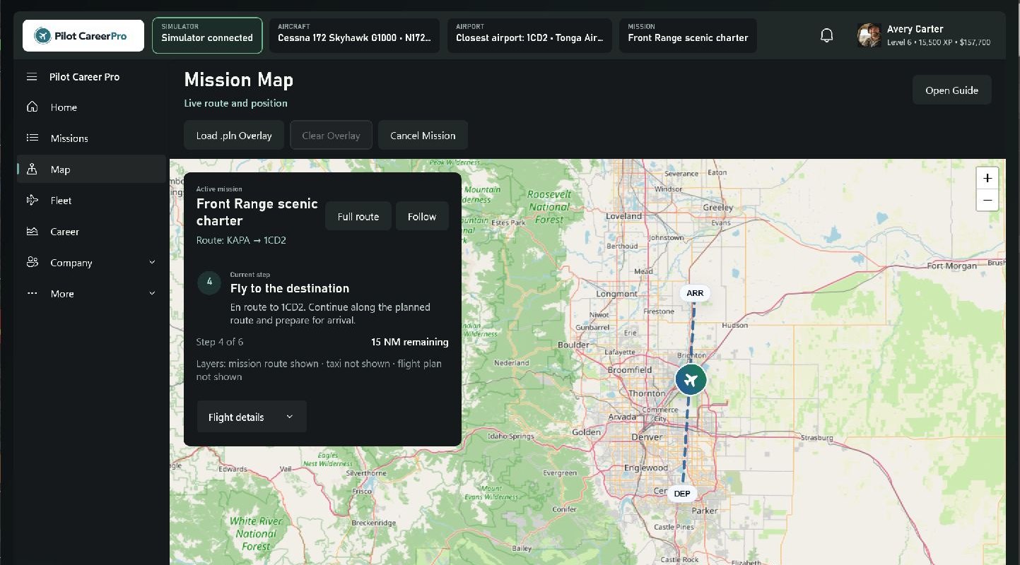 Pilot Career Pro Mission Map tracking a scenic charter from KAPA to 1CD2.