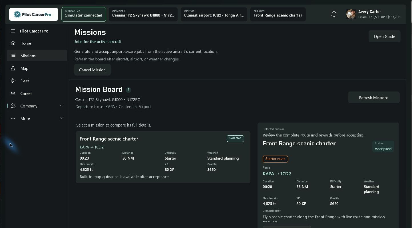 Pilot Career Pro Mission Board showing a selected Front Range scenic charter and its route, difficulty, terrain, XP, and credits.