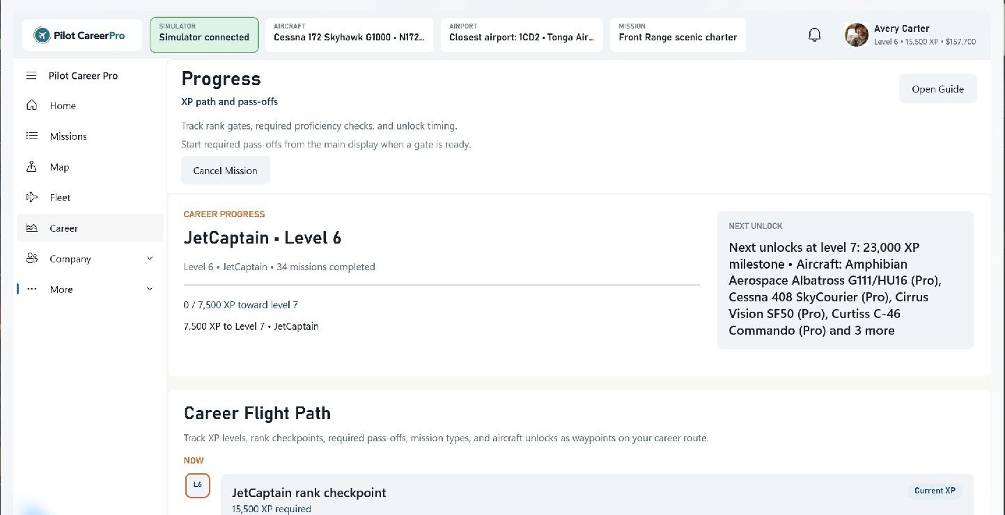 Pilot Career Pro Progress view showing a level 6 pilot, the next unlock, and career flight path.
